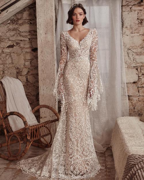 Lp2127 backless boho wedding dress with bell sleeves and fringe1